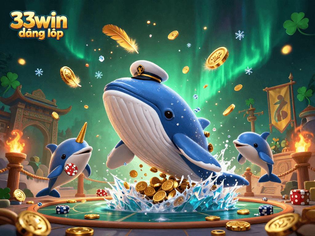 Experience the thrill of 33win đăng nhập as whales and dolphins play amidst coins in an exciting casino environment.