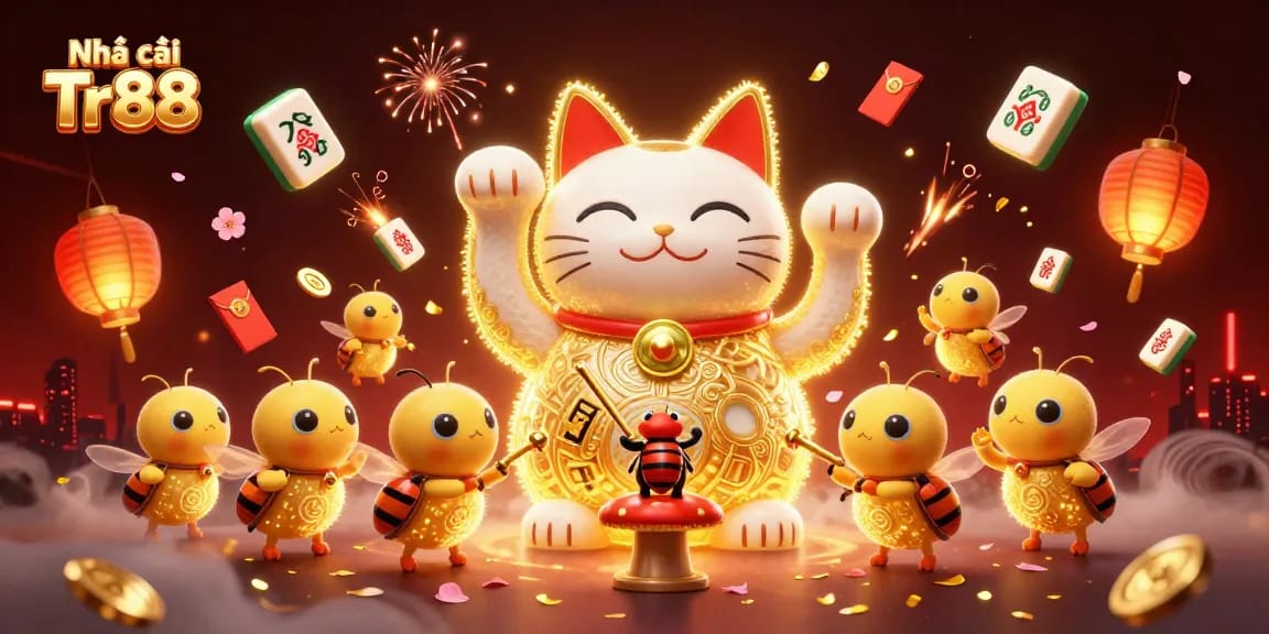 Experience the world of Nhà cái Tr88 with a dynamic scene of a lucky cat and vibrant casino symbols.