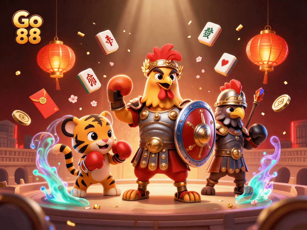 Engage with Go 88: A dynamic illustration featuring a gladiator rooster, lively game elements, and an electrifying atmosphere.
