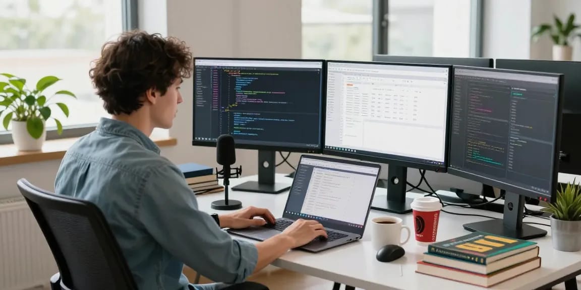 Dynamic office scene showcasing WPS Official Website features with a developer coding on dual monitors in a modern workspace.