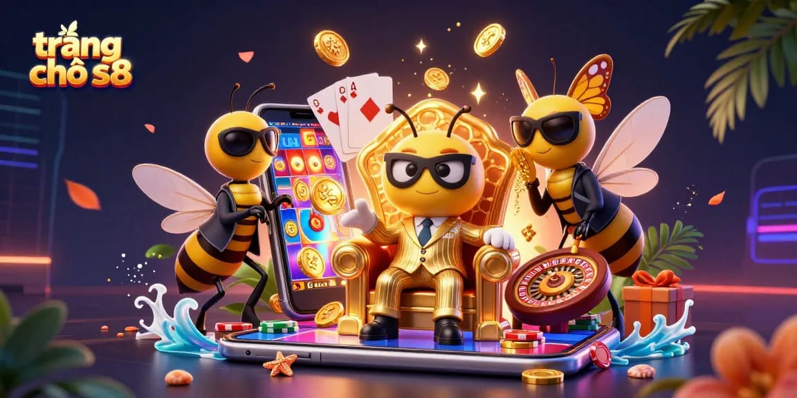 Experience the excitement of trang chủ s8 with a vibrant casino scene filled with golden coins and slot action.