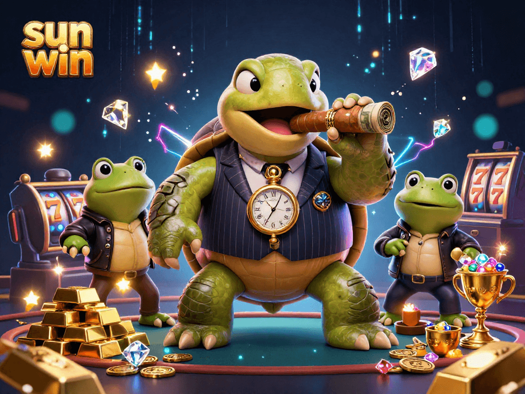 Engage with the sun win casino experience featuring a vivid 3D mobster scene dominated by a snapping turtle.