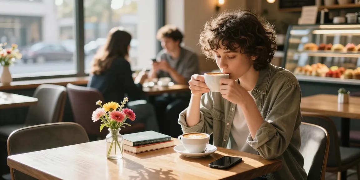 A cozy café scene where someone has a crush on another, enjoying coffee with heart latte art and books around.