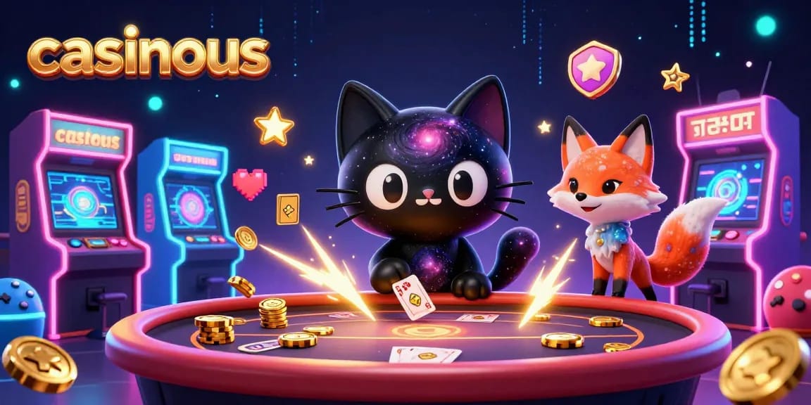 Play baccarat at casinous with engaging cosmic characters in a vibrant casino setting.
