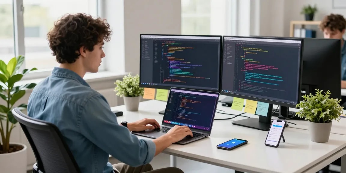 Youthful developer working on Telegram Web Version in a modern office.