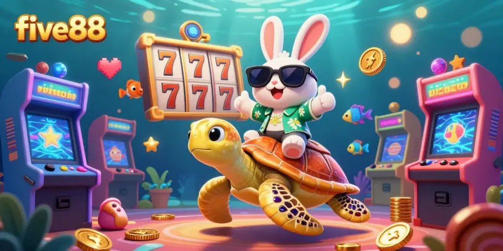 Engage in thrilling online gaming adventures at five88 with lucky rabbit and golden turtle in a vibrant casino scene.
