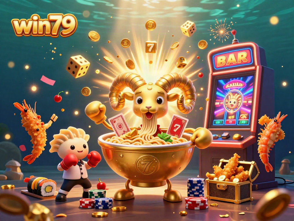 Win79 offers thrilling casino excitement with a giant ramen bowl dealer surrounded by vibrant game elements.