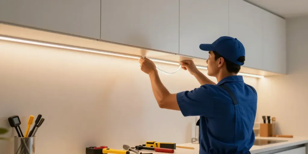 Instalare benzi LED de către un profesionist de încredere, accentuând designul interior.