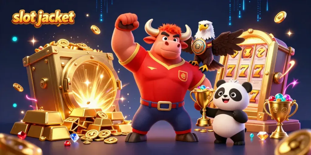 Experience a thrilling slot jackpot victory with dynamic characters amid bursting treasures.