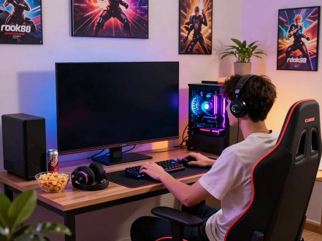 Engaged gamer playing rokok88 apk on a console in a lively digital gaming setup.