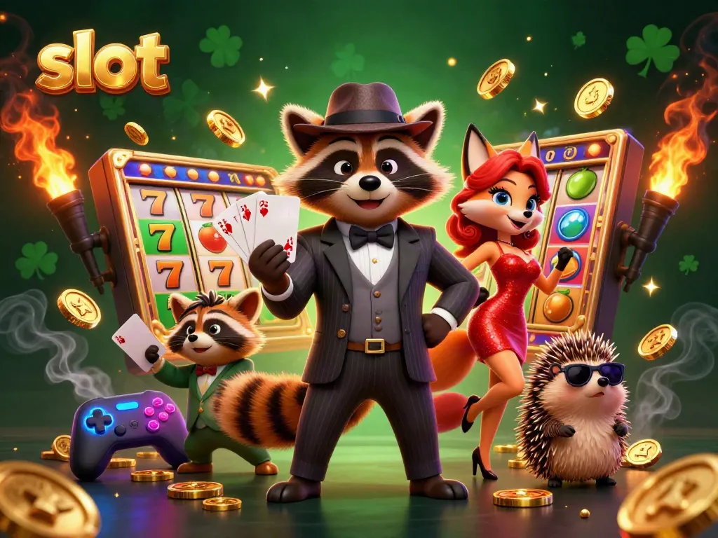 Experience thrilling action with colorful slot reels spinning among casino characters, capturing excitement!