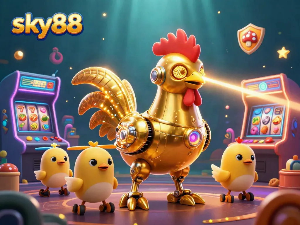 sky88 engages players with a vibrant 3D casino illustration featuring a golden rooster robot and game elements.