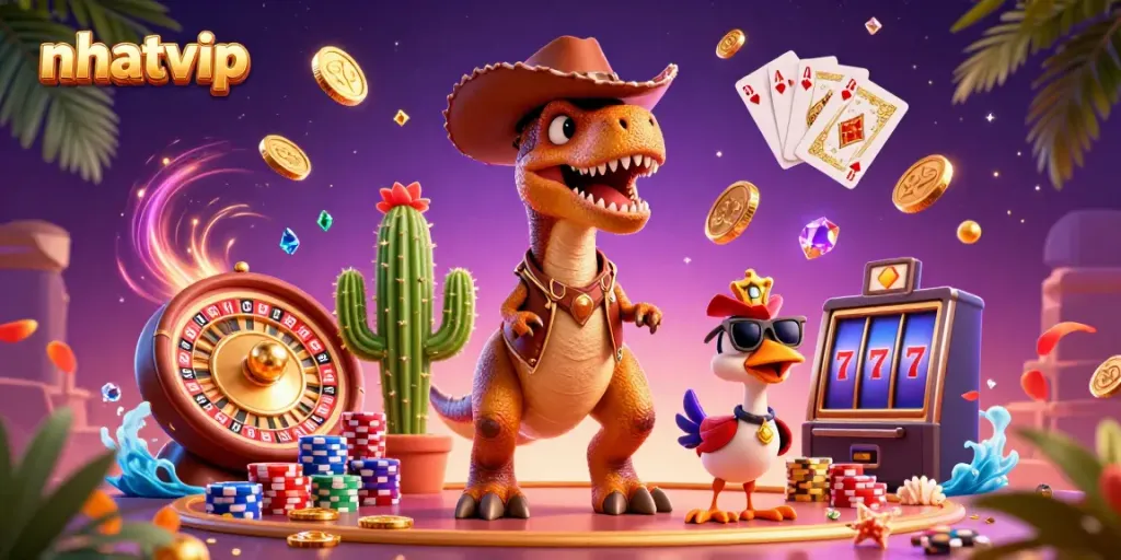 Nhatvip showcases a dynamic 3D cartoon dinosaur and characters celebrating casino wins with coins and bright game elements.