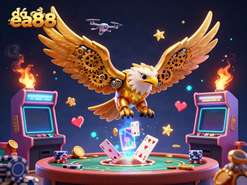 Experience exciting đá gà ea88 action with a cybernetic eagle amidst vibrant casino elements.