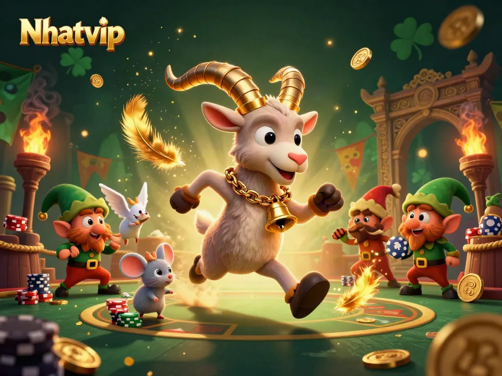 Nhatvip showcases festive gambling with Krampus, a mouse, and elf gremlins stealing chips.