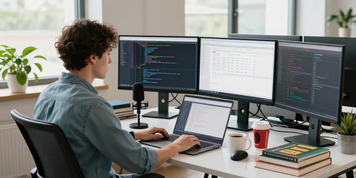 Dynamic office scene showcasing WPS Official Website features with a developer coding on dual monitors in a modern workspace.