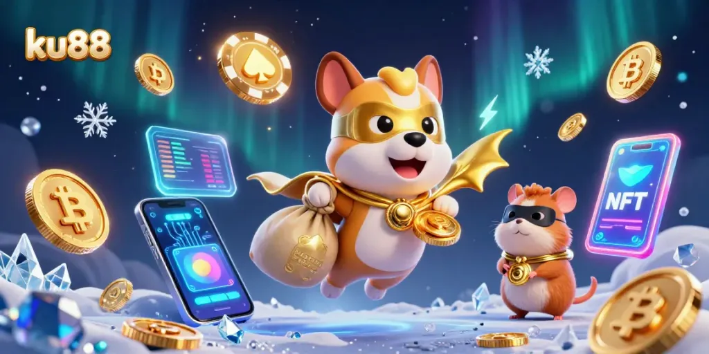 ku88 elevates gameplay with a vibrant 3D illustration of a superhero dog amidst glowing crypto coins, showcasing casino excitement.