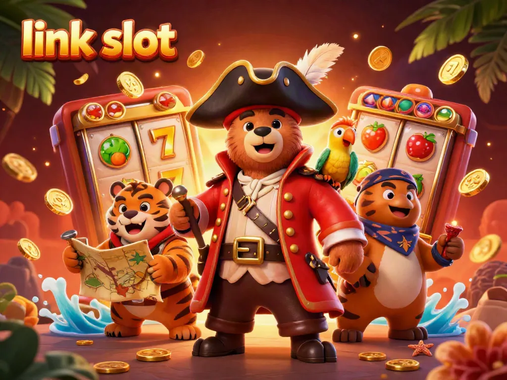 Experience thrilling jackpots at link slot with a cartoon pirate bear and tiger surrounded by vibrant casino elements.