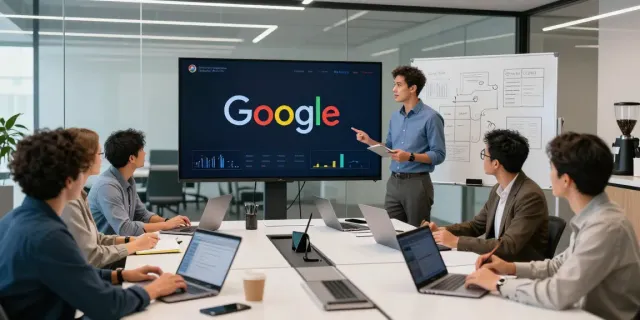 Collaborative professionals discussing a rokok88 link on Google algorithm updates in a modern office.