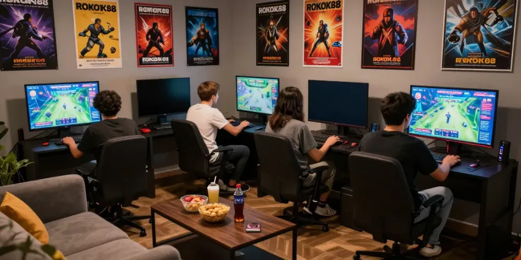 Group playing ROKOK88 games offline, showcasing an interactive and creative gaming atmosphere.
