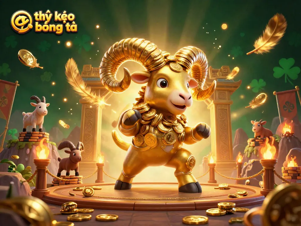 Masterful illustration showcasing tỷ lệ kèo bóng đá in a dynamic sports betting scene with golden ram and lively elements.