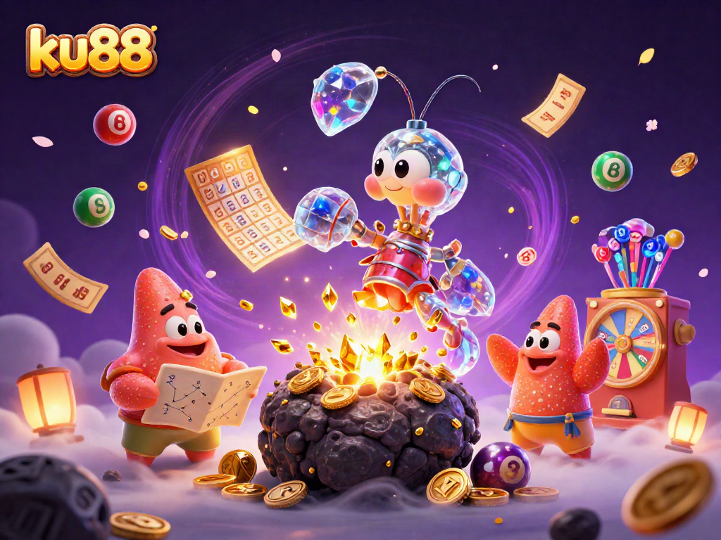 ku88 showcases an epic scene with a mantis shrimp and starfish amidst a treasure explosion in a vibrant lottery backdrop
