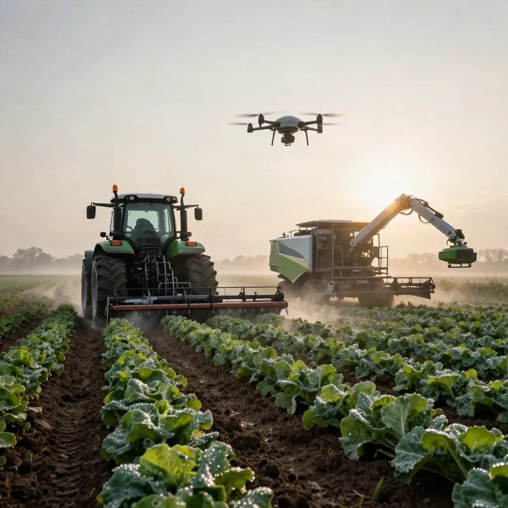 Autonomous farm robots crossing dew-soaked vegetable rows at sunrise in misty fields.
