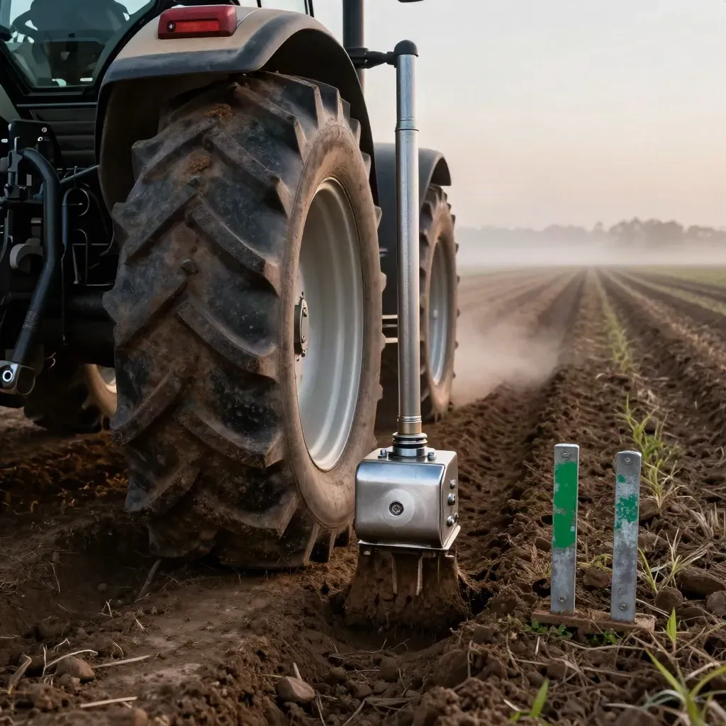 Autonomous tractor wheel and guidance mast at dawn beside survey stakes on a tilled field.