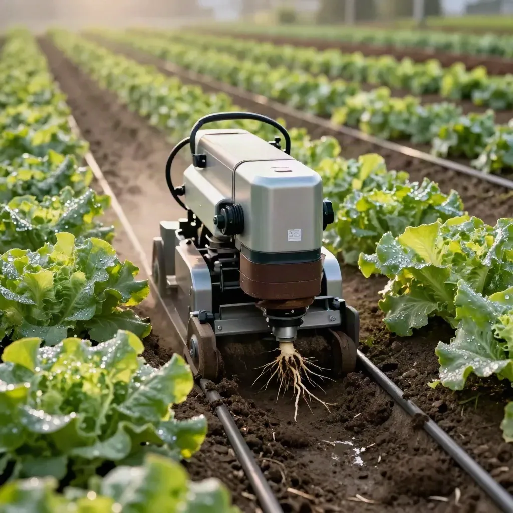 Autonomous weeding robot trimming lettuce rows, clipped weeds and dew, moist soil vapor rising.