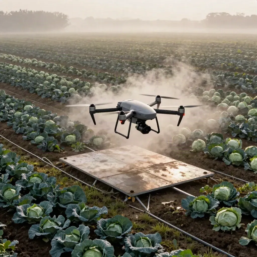 Drone rising from a landing mat over misty vegetable fields at dawn.