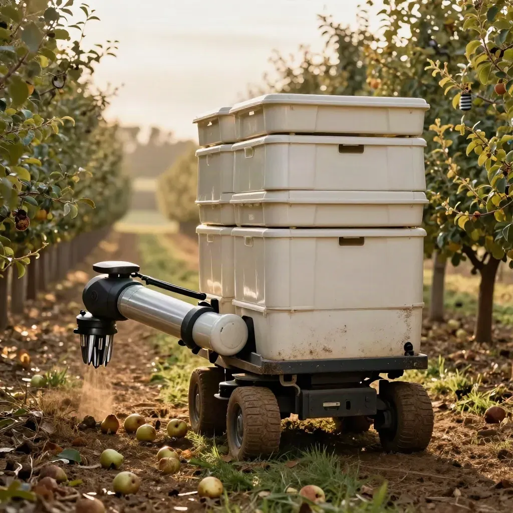 Robotic harvester head beside stacked produce bins in a sunlit orchard aisle