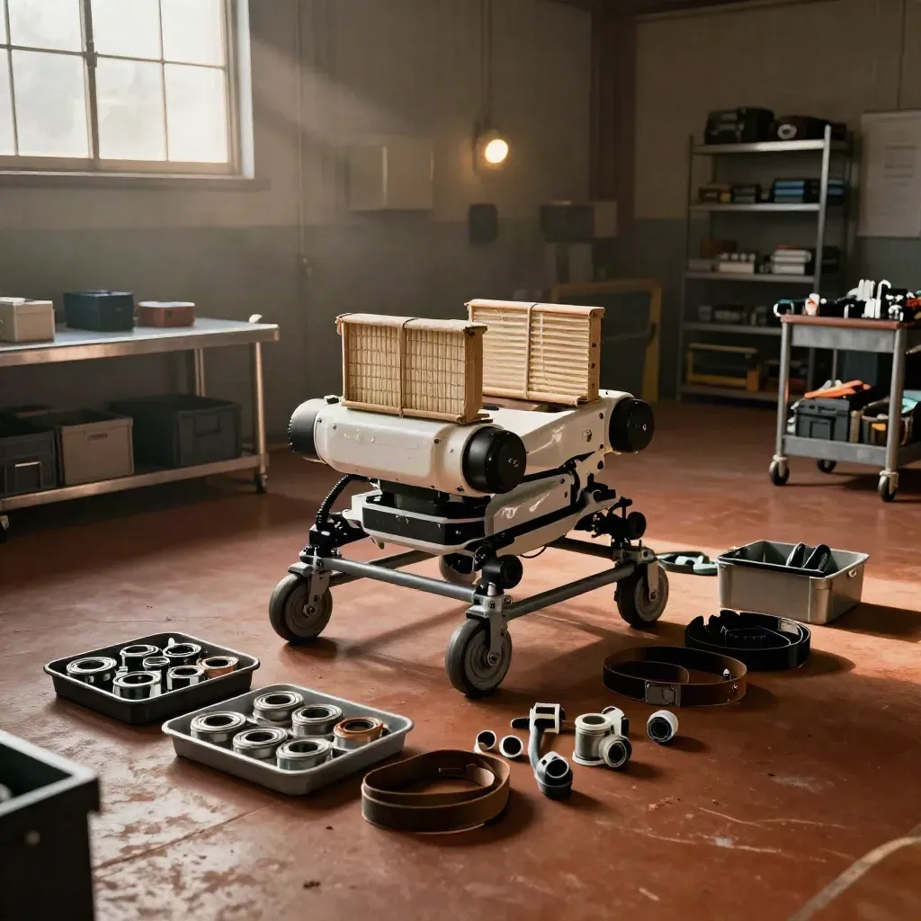 Robot maintenance bay with filters, bearing kits and a clean chassis on stands