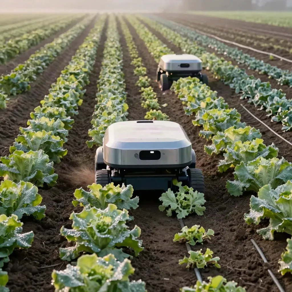 Autonomous weeding robots move through dew-covered lettuce rows, weeds gathered in furrows.