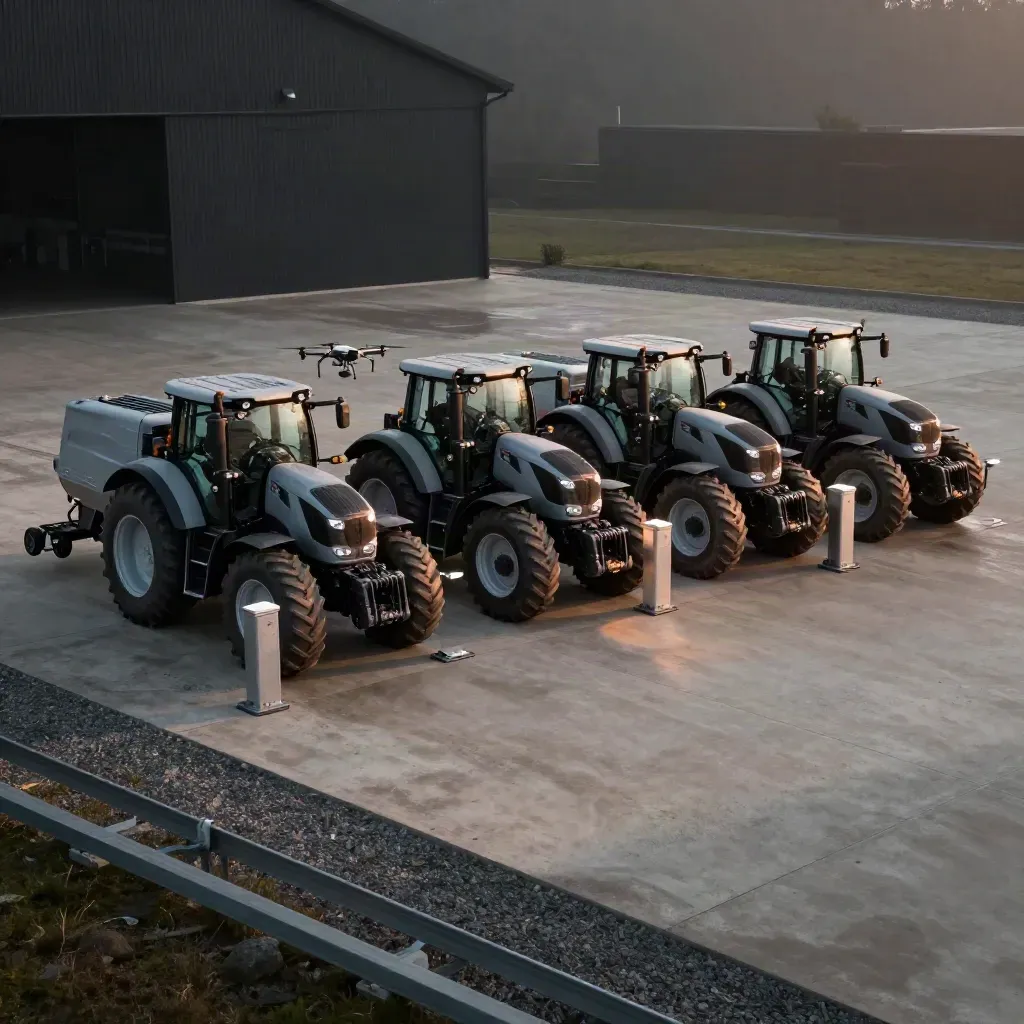 Six tractors, two drones on pads, and service posts lined up in a hazy farm operations yard.