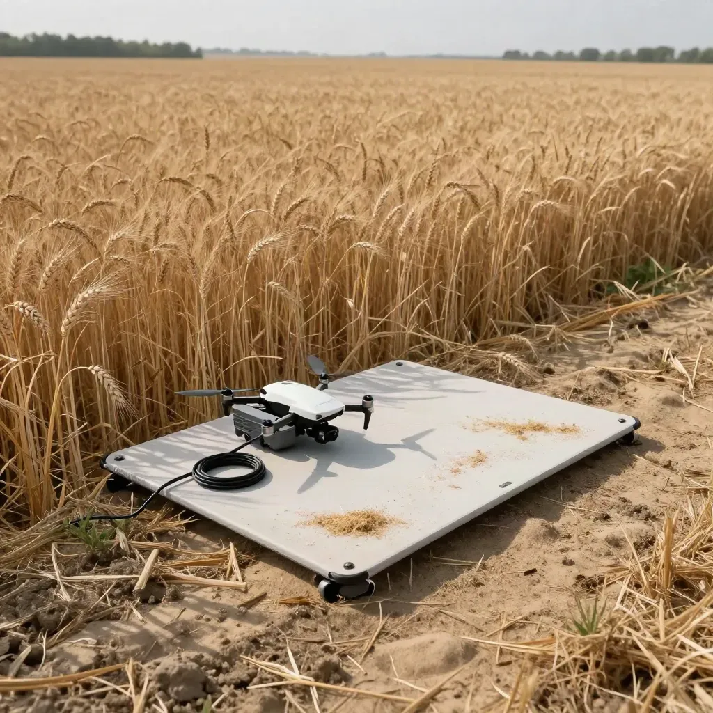 Drone on a landing mat beside a wheat field with dry patches before harvest.