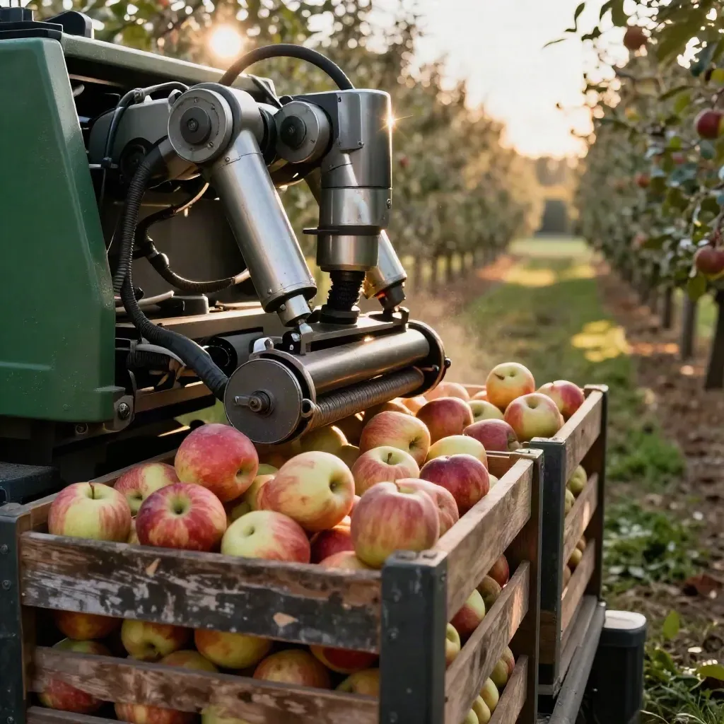 Robot harvester beside apple bins in a warm orchard row at golden hour.