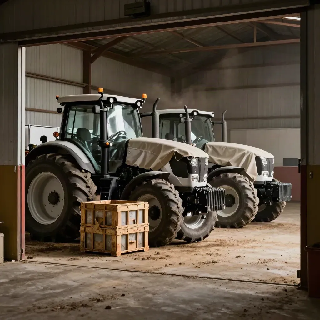 Covered tractor, two robots, spare tires and crates in a harvest-ready shed