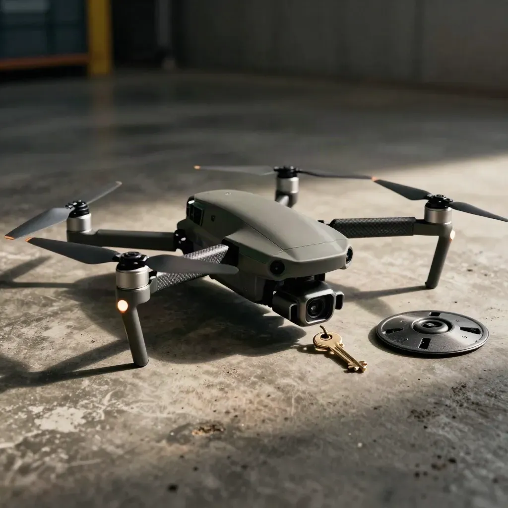 Folded farm drone, batteries, propellers, and landing pad on brushed concrete