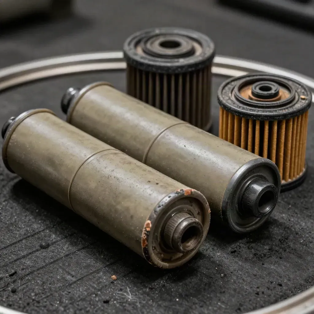 Service cartridges, oil filter ring, and grease-caked cap on dark rubber in a farm workshop close-up