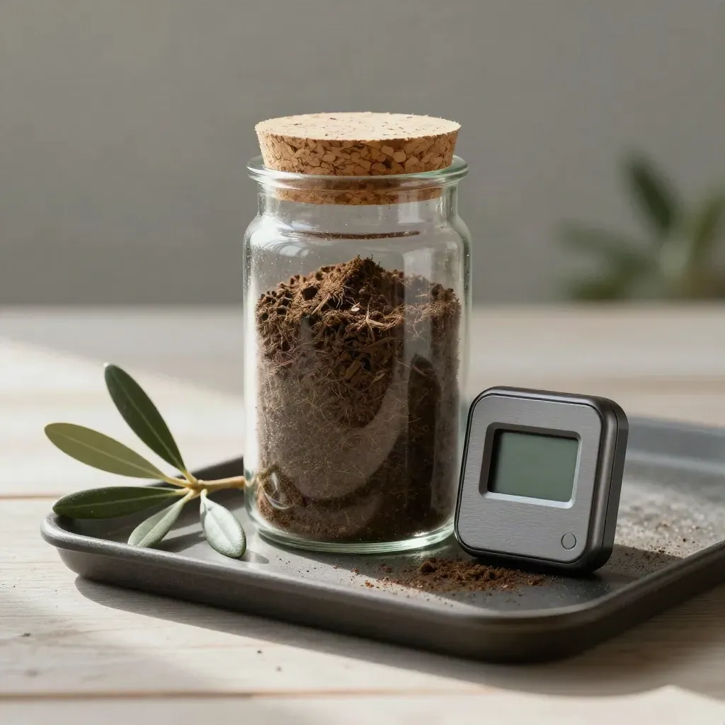 Soil sample jar, leaf cluster, and field sensor on a dark tray for a farm audit.