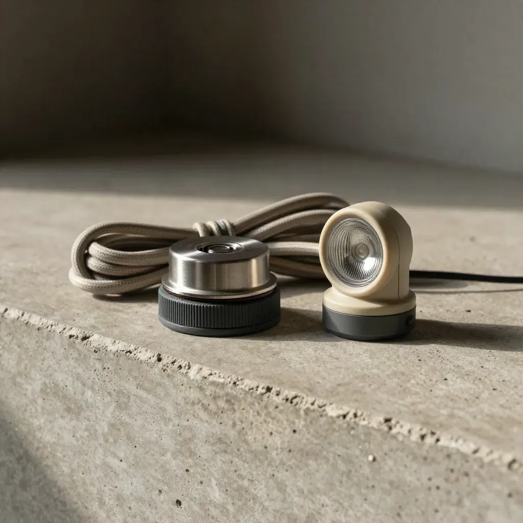 Charging dock puck, cable loom, and beacon module on a concrete ledge in soft side light.