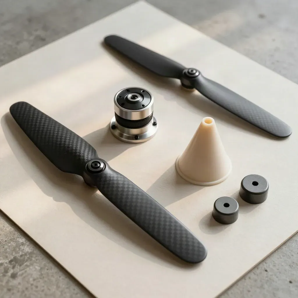 Overhead drone rotor kit, test cone, and calibration weights on a pale work mat.