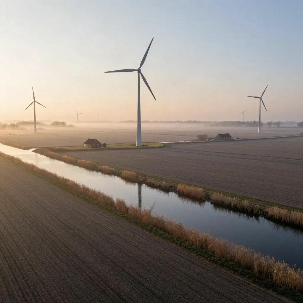 Golden-hour Benelux polder with wind turbines, canals, misty fields, and farm roofs.