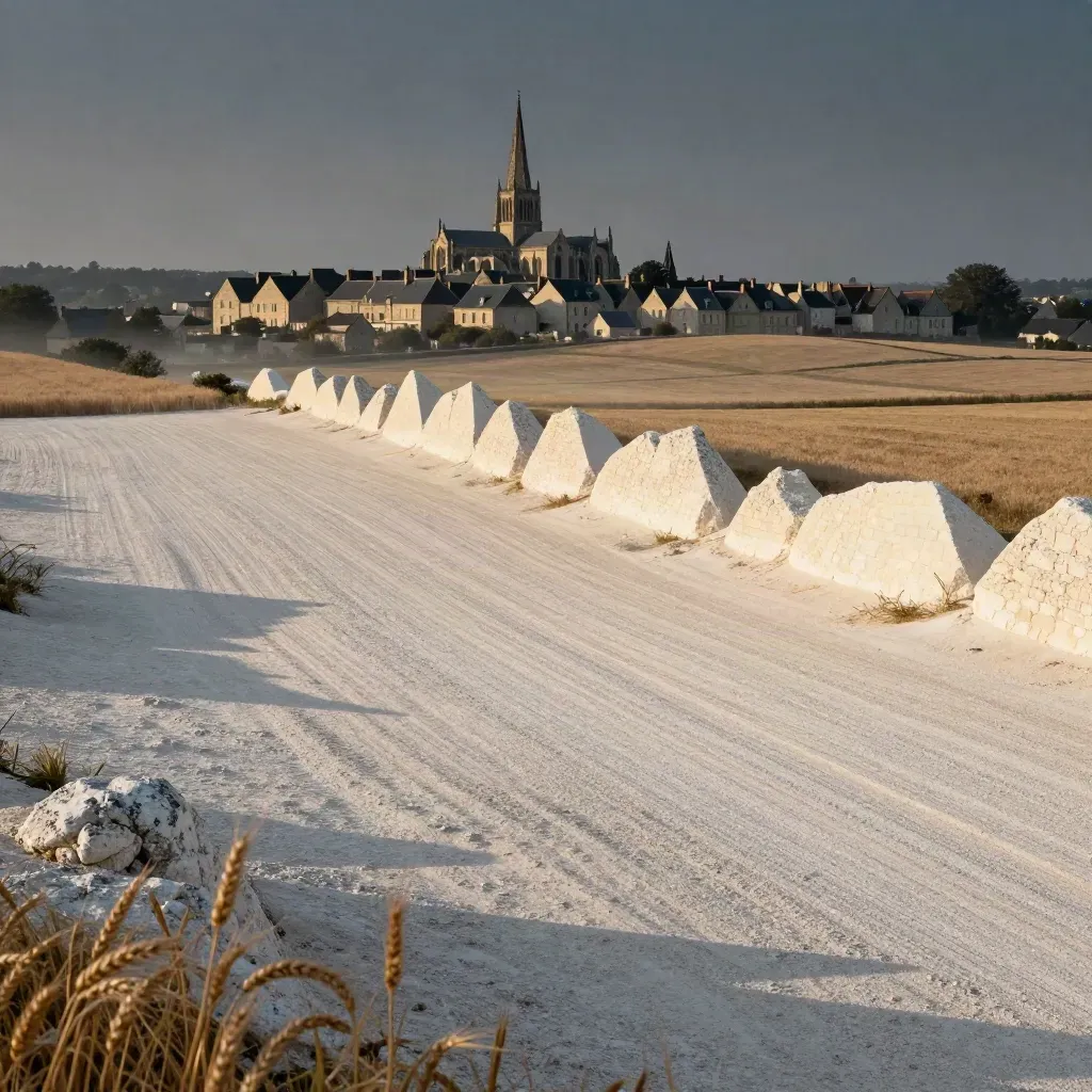 Northern France chalk ridge, cathedral town, and wheat fields in warm haze