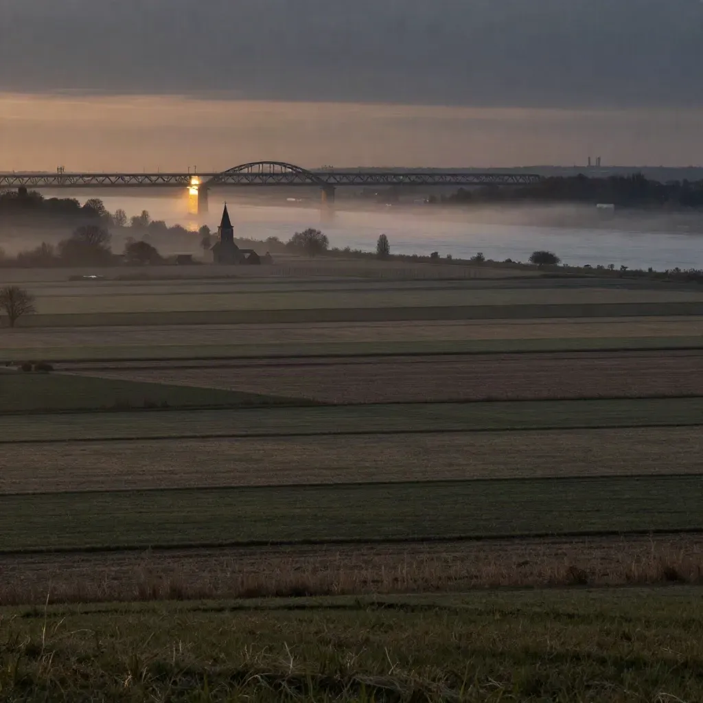 Misty North Rhine-Westphalia valley with fields, church tower, and distant bridge