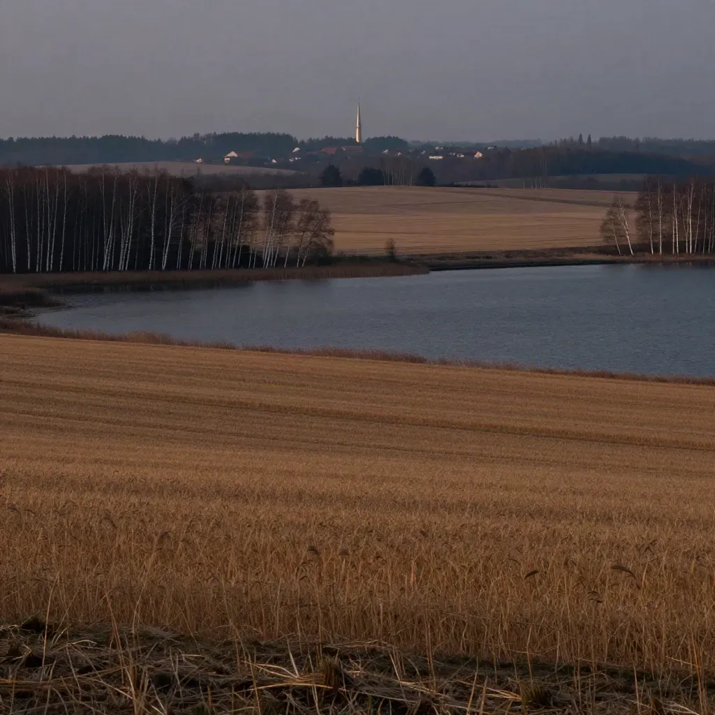 West Poland lake at blue hour with grain fields, birches and a distant village spire