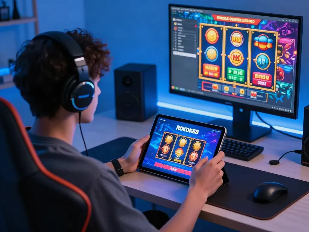 Player enjoying the rokok88 super online slot game on a tablet in a vibrant gaming setup.