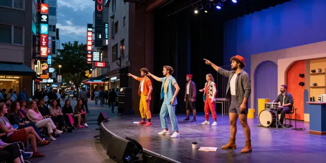 Dynamic theatre performance with actors in vibrant costumes, showcasing rokok88 super creativity and culture.