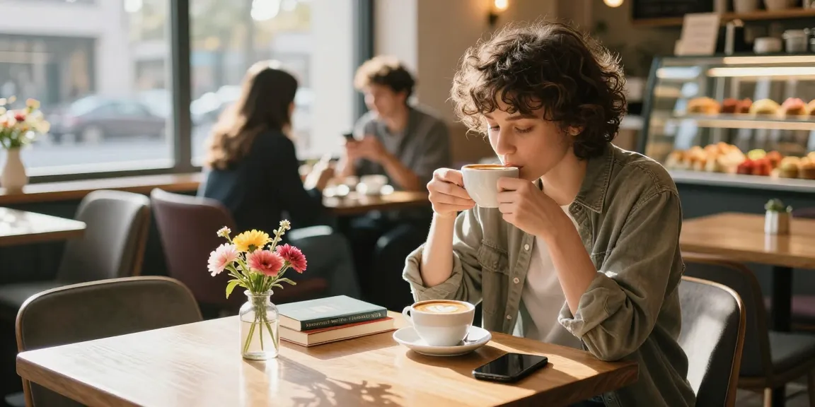 A cozy café scene where someone has a crush on another, enjoying coffee with heart latte art and books around.
