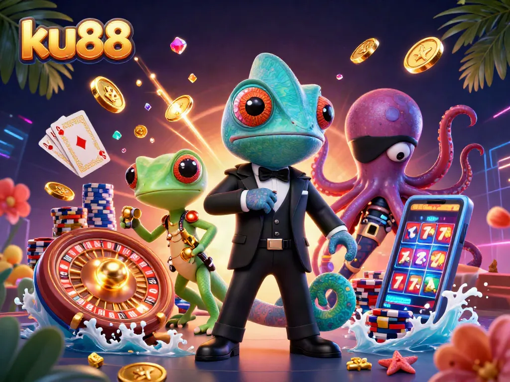Experience thrilling games at ku88 with a cartoon secret agent and vibrant casino elements.